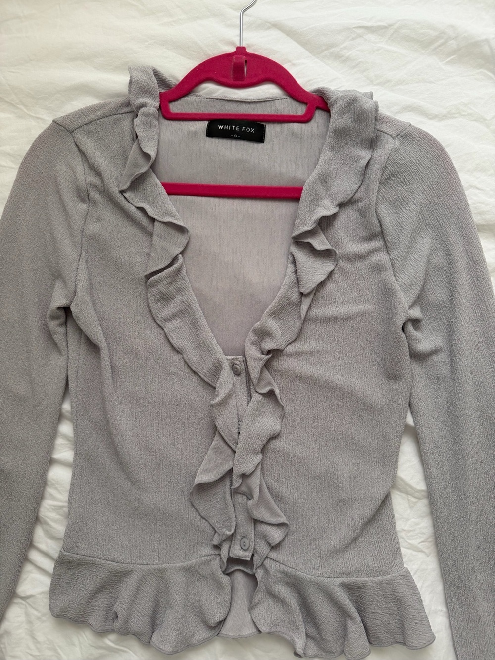 White Fox Boutique “feel my love” grey Ruffle V-Neck Button Front Top